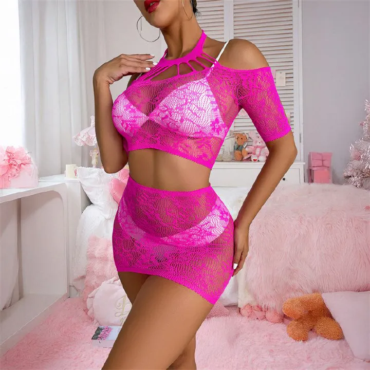2026 New Arrival Women's Sexy Two-Piece Lingerie Set European American Style Sheer Lace Hollow Out Crop Top & Bodycon Mini Skirt Pure Temptation Nightwear For Ladies