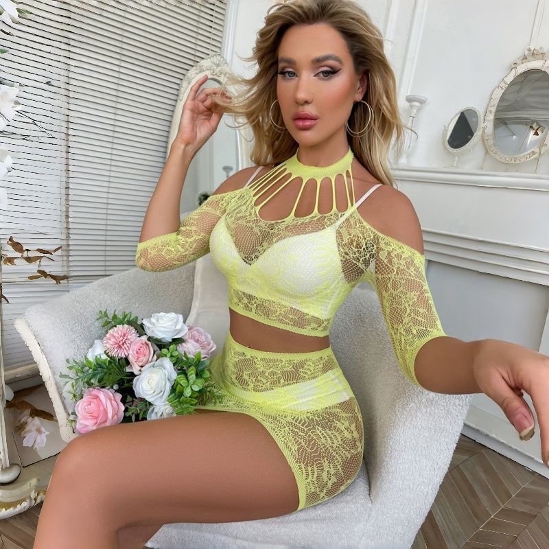 2026 New Arrival Women's Sexy Two-Piece Lingerie Set European American Style Sheer Lace Hollow Out Crop Top & Bodycon Mini Skirt Pure Temptation Nightwear For Ladies
