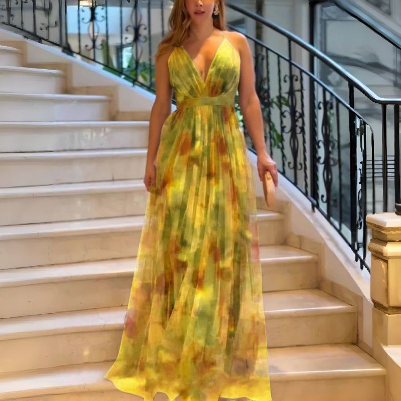 2026 New Arrival Women's Mesh Printed Spaghetti Strap Maxi Dress INS Style Vacation Leisure Party Dress Multi-Color Options