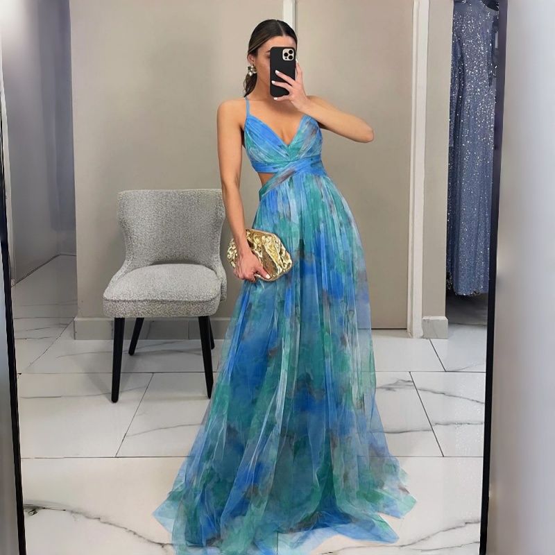 2026 New Arrival Women's Mesh Printed Spaghetti Strap Maxi Dress INS Style Vacation Leisure Party Dress Multi-Color Options