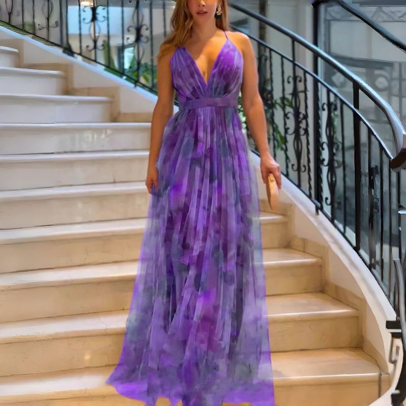 2026 New Arrival Women's Mesh Printed Spaghetti Strap Maxi Dress INS Style Vacation Leisure Party Dress Multi-Color Options