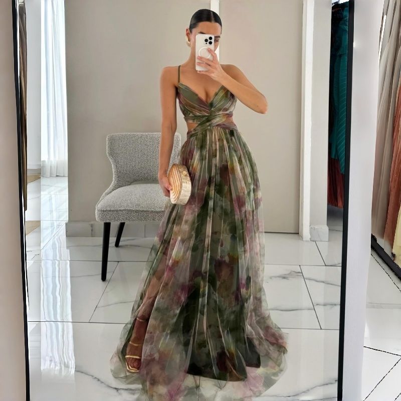 2026 New Arrival Women's Mesh Printed Spaghetti Strap Maxi Dress INS Style Vacation Leisure Party Dress Multi-Color Options