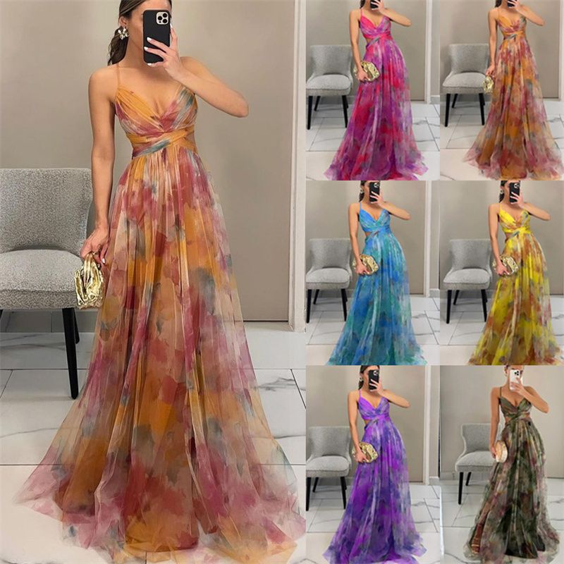 2026 New Arrival Women's Mesh Printed Spaghetti Strap Maxi Dress INS Style Vacation Leisure Party Dress Multi-Color Options