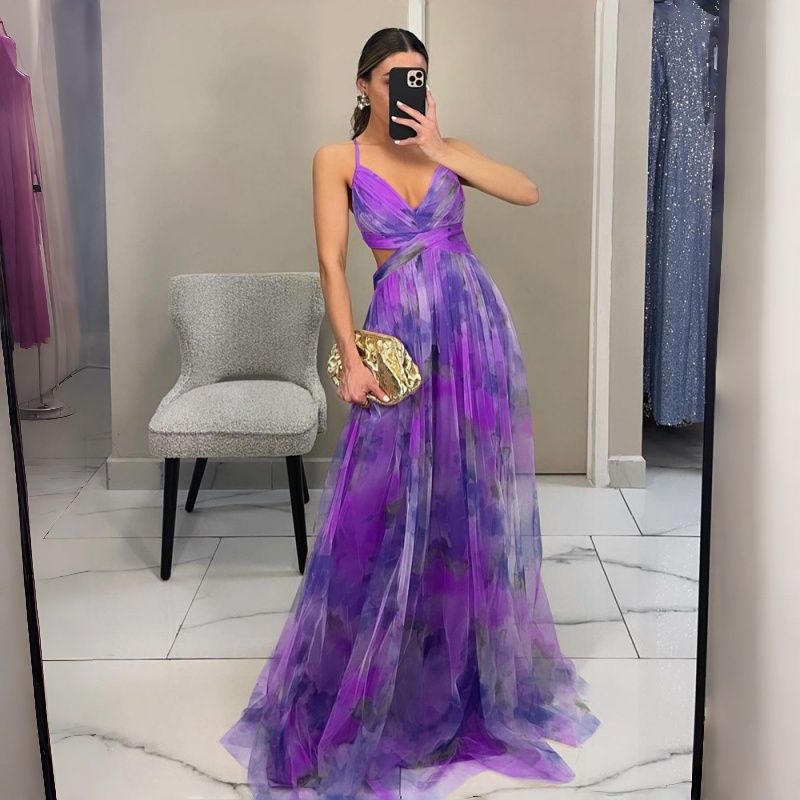 2026 New Arrival Women's Mesh Printed Spaghetti Strap Maxi Dress INS Style Vacation Leisure Party Dress Multi-Color Options