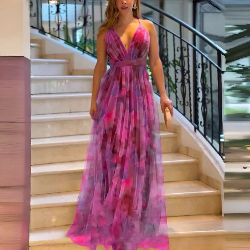 2026 New Arrival Women's Mesh Printed Spaghetti Strap Maxi Dress INS Style Vacation Leisure Party Dress Multi-Color Options