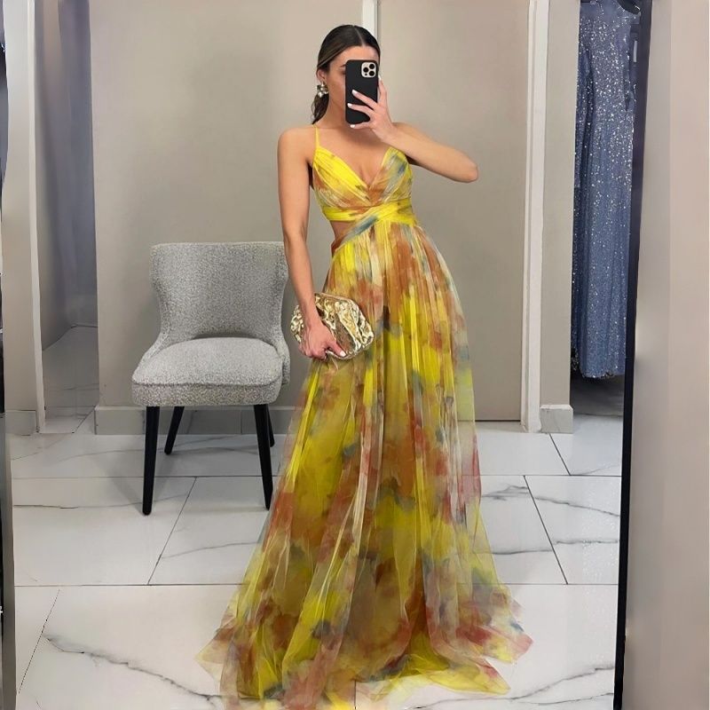 2026 New Arrival Women's Mesh Printed Spaghetti Strap Maxi Dress INS Style Vacation Leisure Party Dress Multi-Color Options