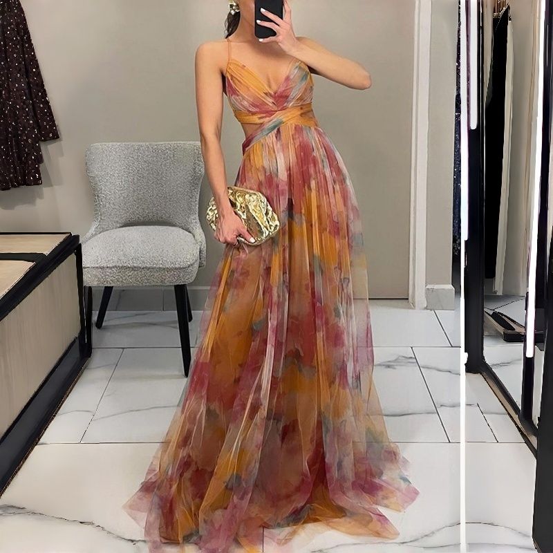 2026 New Arrival Women's Mesh Printed Spaghetti Strap Maxi Dress INS Style Vacation Leisure Party Dress Multi-Color Options