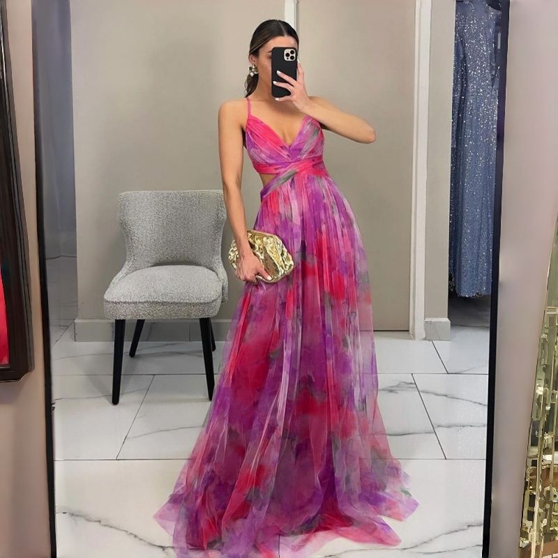 2026 New Arrival Women's Mesh Printed Spaghetti Strap Maxi Dress INS Style Vacation Leisure Party Dress Multi-Color Options
