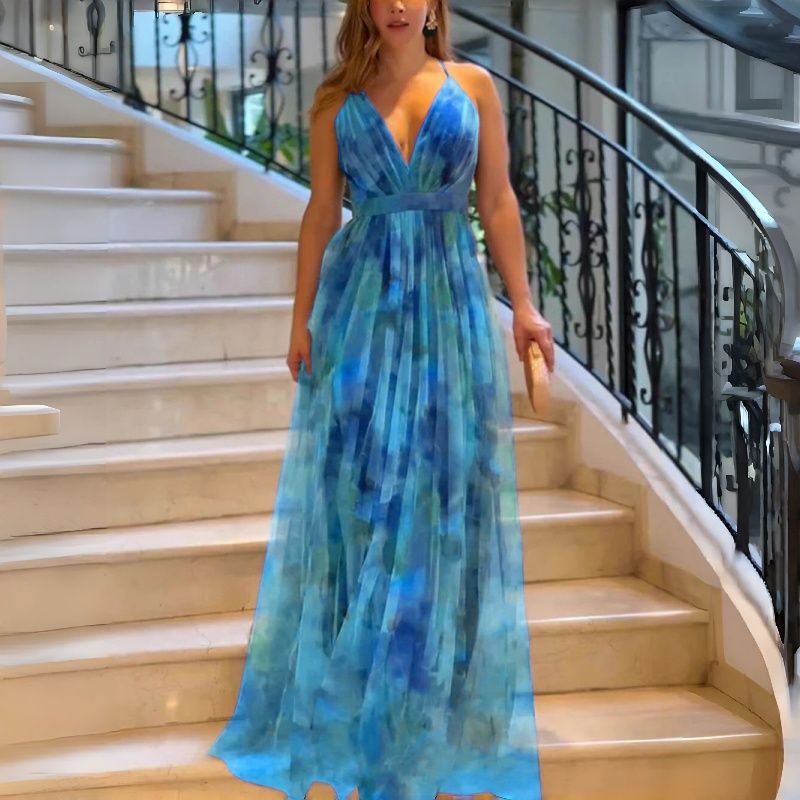 2026 New Arrival Women's Mesh Printed Spaghetti Strap Maxi Dress INS Style Vacation Leisure Party Dress Multi-Color Options