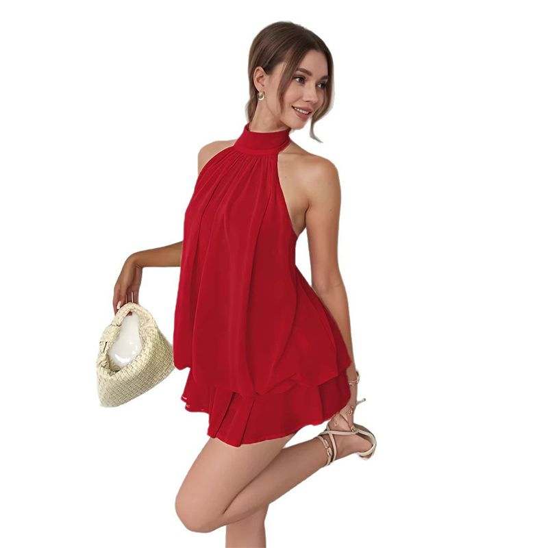 2026 New Arrival Women's Halter Neck Backless Waist-Cinching Layered Ruffled Mini Dress Chic Vacation Holiday Party Fashion Dress Multi-Color Options