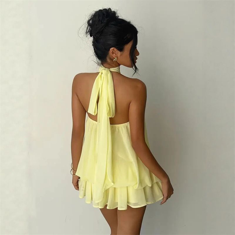 2026 New Arrival Women's Halter Neck Backless Waist-Cinching Layered Ruffled Mini Dress Chic Vacation Holiday Party Fashion Dress Multi-Color Options