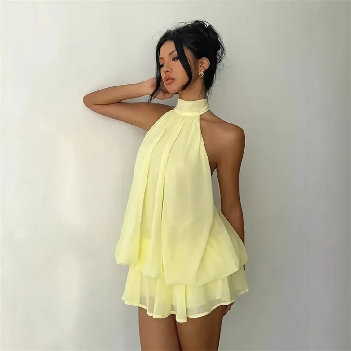 2026 New Arrival Women's Halter Neck Backless Waist-Cinching Layered Ruffled Mini Dress Chic Vacation Holiday Party Fashion Dress Multi-Color Options