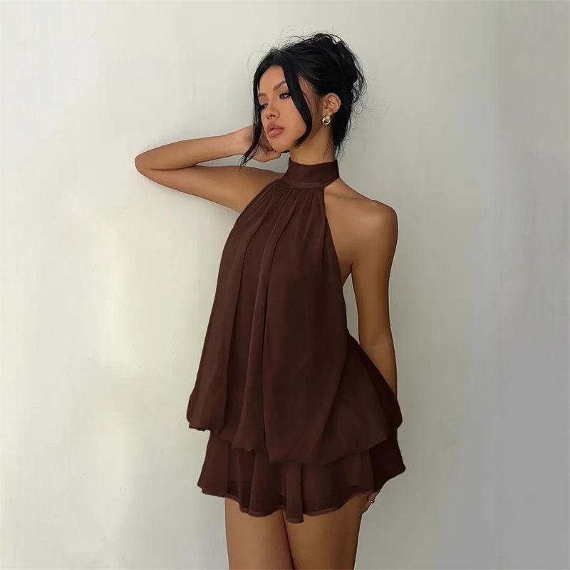 2026 New Arrival Women's Halter Neck Backless Waist-Cinching Layered Ruffled Mini Dress Chic Vacation Holiday Party Fashion Dress Multi-Color Options