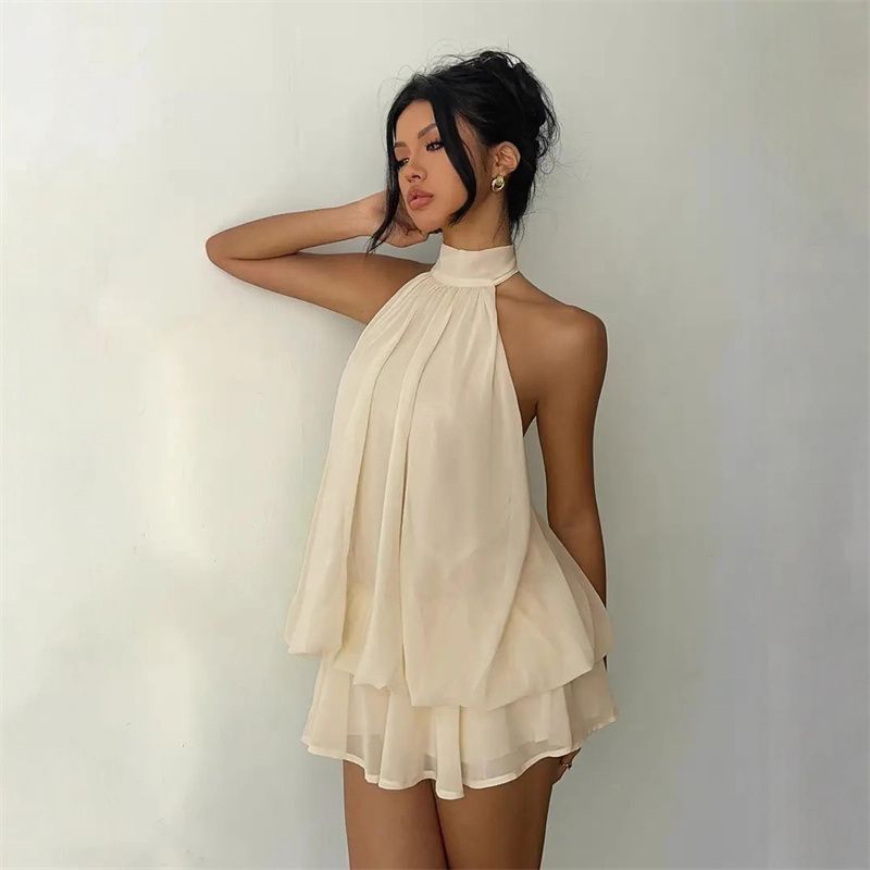 2026 New Arrival Women's Halter Neck Backless Waist-Cinching Layered Ruffled Mini Dress Chic Vacation Holiday Party Fashion Dress Multi-Color Options