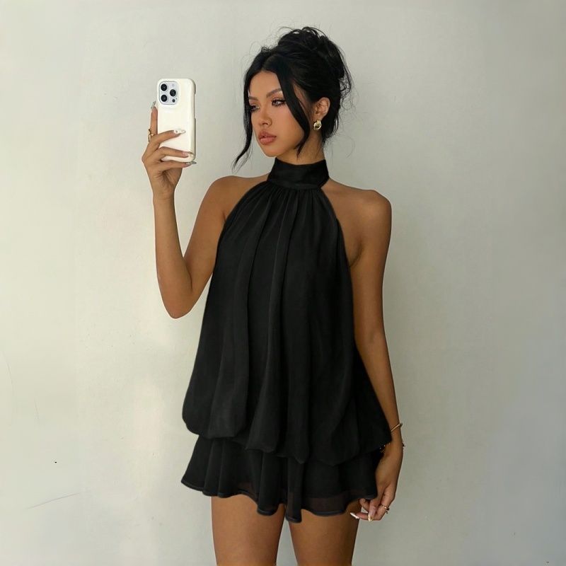 2026 New Arrival Women's Halter Neck Backless Waist-Cinching Layered Ruffled Mini Dress Chic Vacation Holiday Party Fashion Dress Multi-Color Options