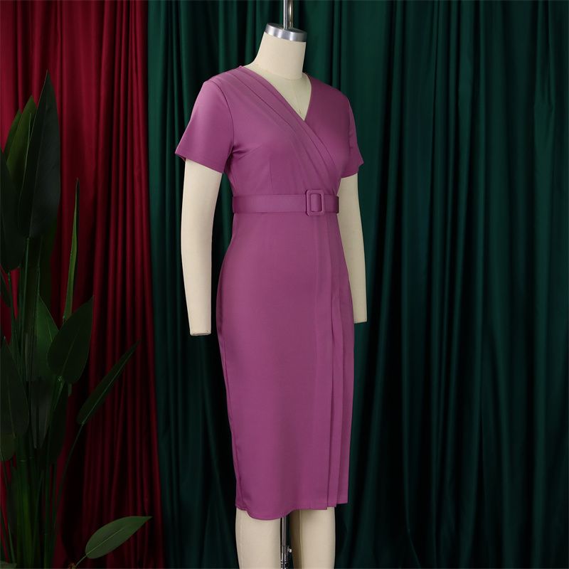 New African Fashion Women's Office Dress Short Sleeve V-Neck Solid Color Elegant Pencil Skirt With Adjustable Belt High-End Waist-Cinching Work Dress For Ladies
