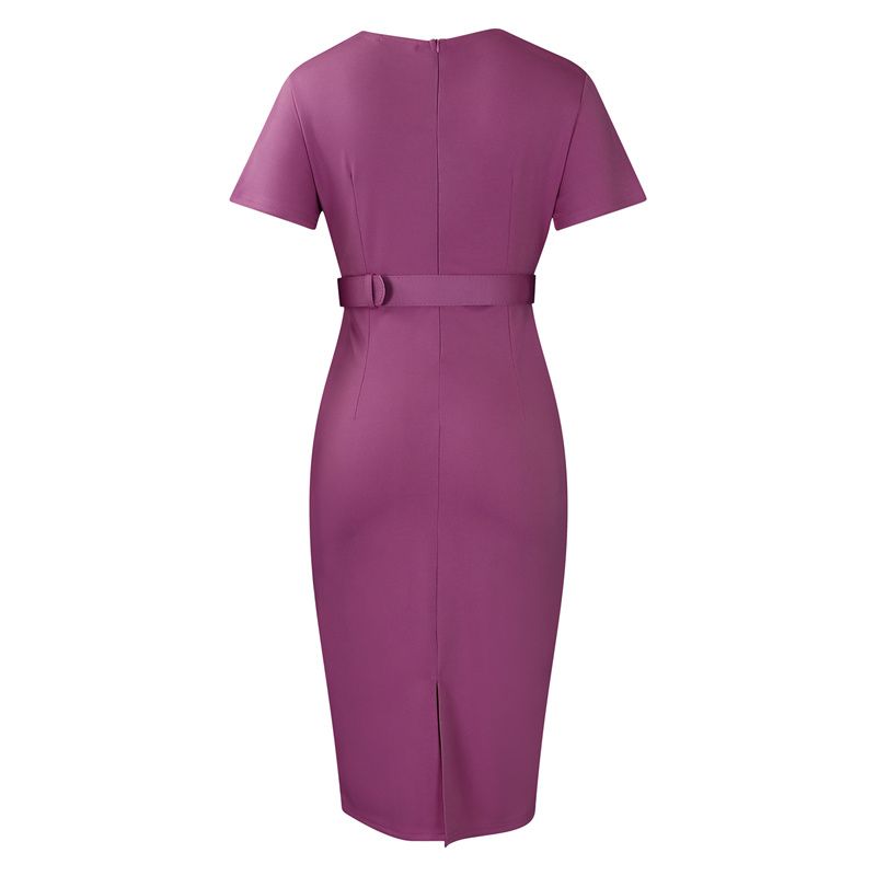 New African Fashion Women's Office Dress Short Sleeve V-Neck Solid Color Elegant Pencil Skirt With Adjustable Belt High-End Waist-Cinching Work Dress For Ladies