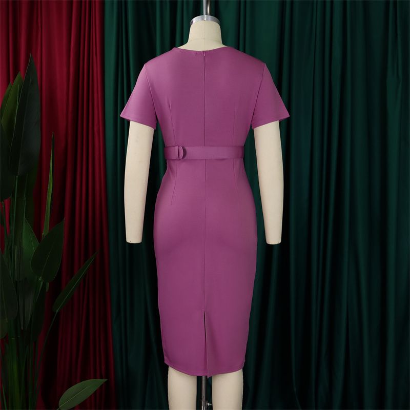 New African Fashion Women's Office Dress Short Sleeve V-Neck Solid Color Elegant Pencil Skirt With Adjustable Belt High-End Waist-Cinching Work Dress For Ladies