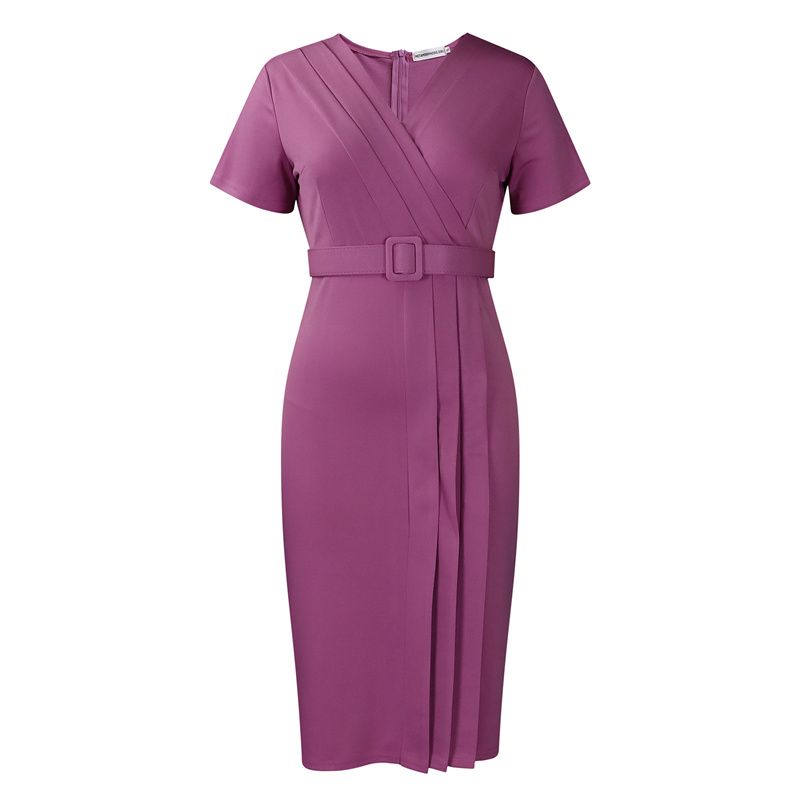 New African Fashion Women's Office Dress Short Sleeve V-Neck Solid Color Elegant Pencil Skirt With Adjustable Belt High-End Waist-Cinching Work Dress For Ladies