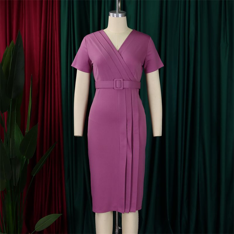 New African Fashion Women's Office Dress Short Sleeve V-Neck Solid Color Elegant Pencil Skirt With Adjustable Belt High-End Waist-Cinching Work Dress For Ladies