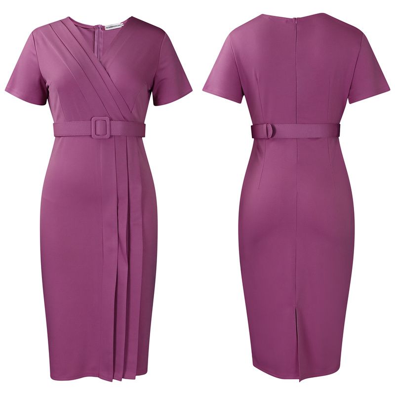 New African Fashion Women's Office Dress Short Sleeve V-Neck Solid Color Elegant Pencil Skirt With Adjustable Belt High-End Waist-Cinching Work Dress For Ladies