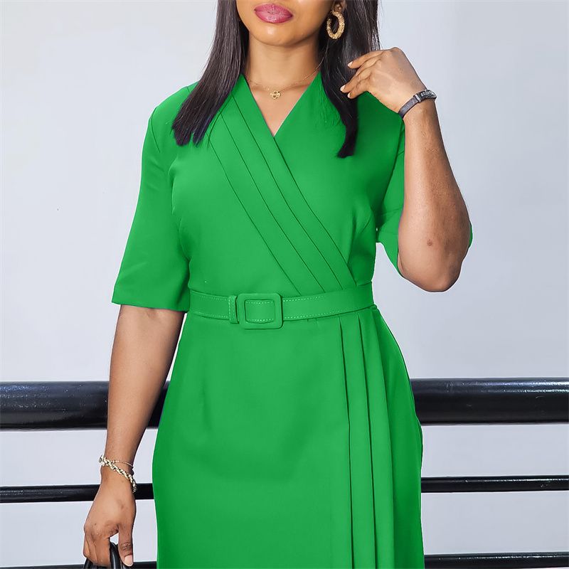 New African Fashion Women's Office Dress Short Sleeve V-Neck Solid Color Elegant Pencil Skirt With Adjustable Belt High-End Waist-Cinching Work Dress For Ladies