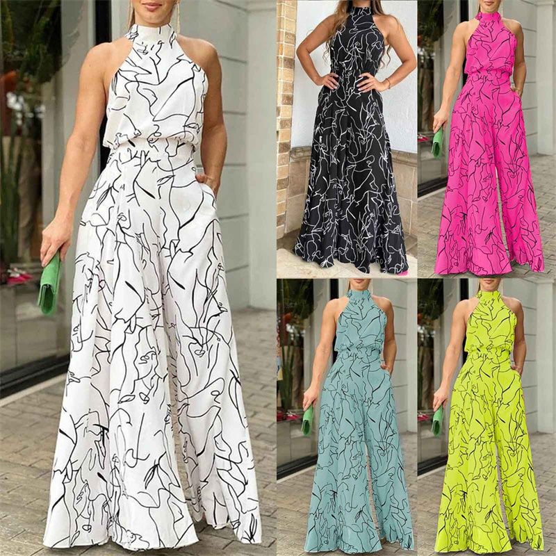 African Fashion Women's Halter Neck Abstract Print Jumpsuit Wide Leg Palazzo Pants Plus Size Multiple Colors Breathable Elegant Trendy Romper For Tropical Climate & Party Wear