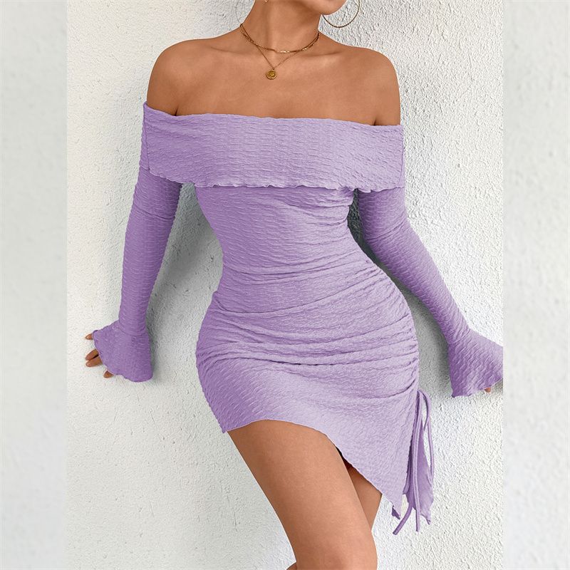 2026 New Glamorous Off Shoulder Women's Mini Dress Long Flared Sleeves Ruched Bodycon Asymmetric Hem Drawstring Detail Club Party Dress Multiple Colors