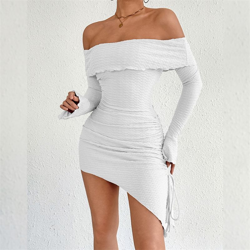 2026 New Glamorous Off Shoulder Women's Mini Dress Long Flared Sleeves Ruched Bodycon Asymmetric Hem Drawstring Detail Club Party Dress Multiple Colors