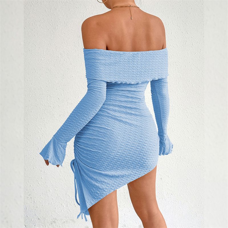 2026 New Glamorous Off Shoulder Women's Mini Dress Long Flared Sleeves Ruched Bodycon Asymmetric Hem Drawstring Detail Club Party Dress Multiple Colors