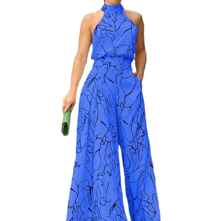 African Fashion Women's Halter Neck Abstract Print Jumpsuit Wide Leg Palazzo Pants Plus Size Multiple Colors Breathable Elegant Trendy Romper For Tropical Climate & Party Wear