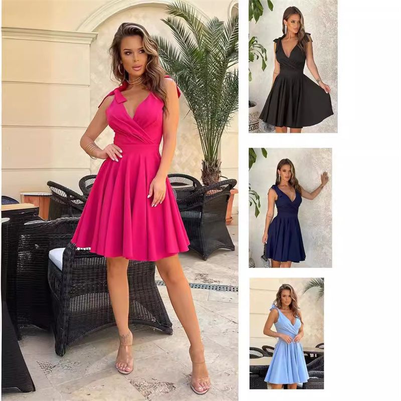 Women's Summer Solid Color Dress New European Style Deep V Neck High Waist A-Line Flare Casual Party Vacation Sundress For Ladies