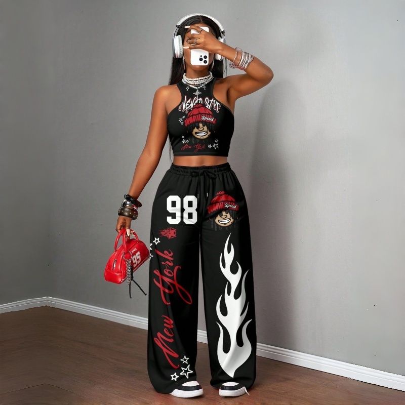 Women's Two-Piece Outfits Streetwear Crop Top & Wide Leg Pants Set New European Style Y2K Hip Hop Graphic Tank Top Casual Jogger Sweatsuit Multiple Colors