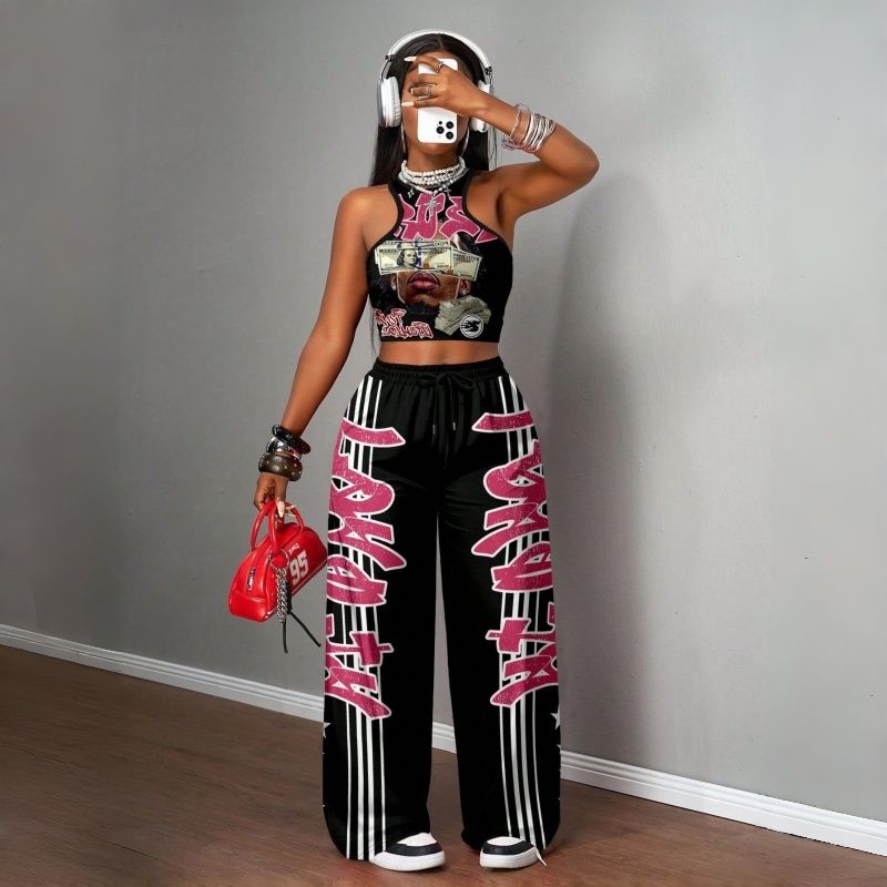 Women's Two-Piece Outfits Streetwear Crop Top & Wide Leg Pants Set New European Style Y2K Hip Hop Graphic Tank Top Casual Jogger Sweatsuit Multiple Colors