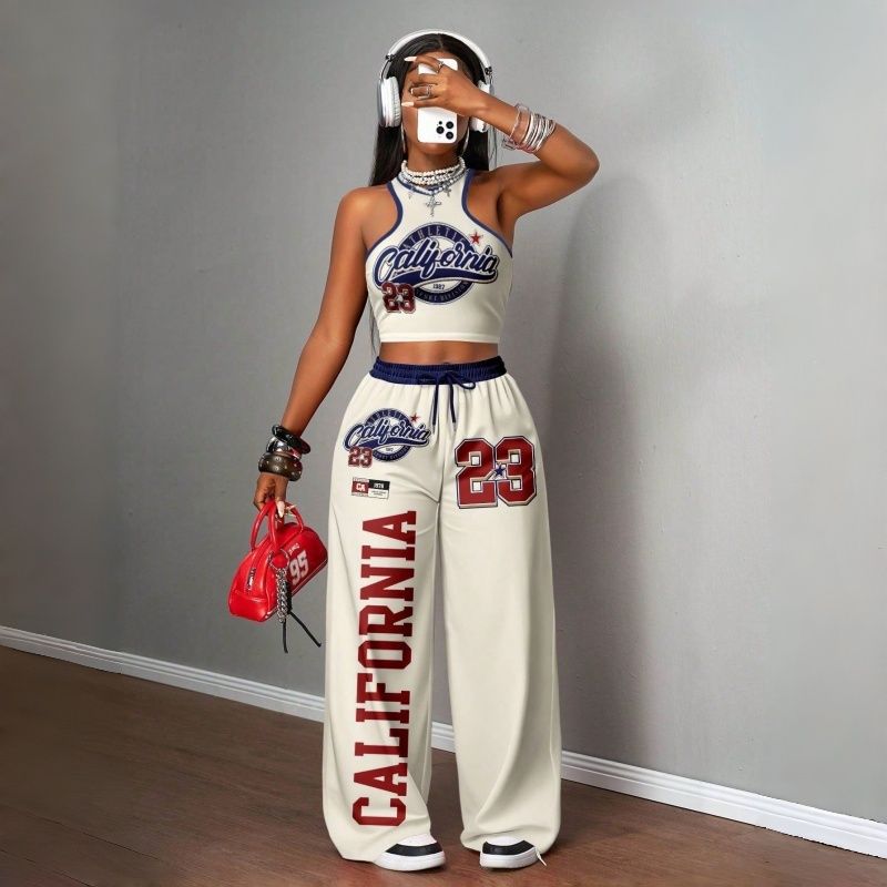 Women's Two-Piece Outfits Streetwear Crop Top & Wide Leg Pants Set New European Style Y2K Hip Hop Graphic Tank Top Casual Jogger Sweatsuit Multiple Colors