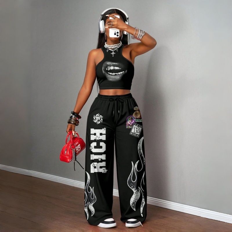 Women's Two-Piece Outfits Streetwear Crop Top & Wide Leg Pants Set New European Style Y2K Hip Hop Graphic Tank Top Casual Jogger Sweatsuit Multiple Colors