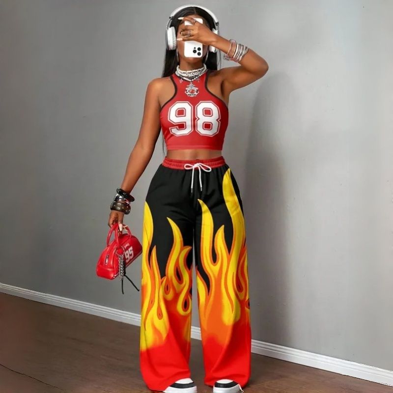Women's Two-Piece Outfits Streetwear Crop Top & Wide Leg Pants Set New European Style Y2K Hip Hop Graphic Tank Top Casual Jogger Sweatsuit Multiple Colors