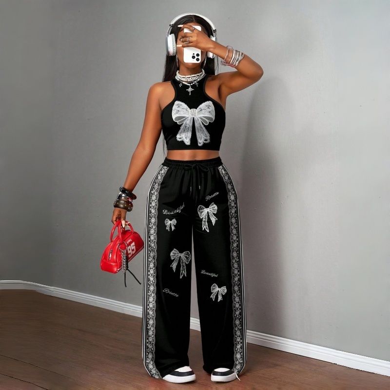 Women's Two-Piece Outfits Streetwear Crop Top & Wide Leg Pants Set New European Style Y2K Hip Hop Graphic Tank Top Casual Jogger Sweatsuit Multiple Colors