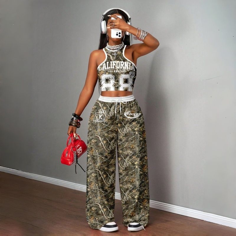 Women's Two-Piece Outfits Streetwear Crop Top & Wide Leg Pants Set New European Style Y2K Hip Hop Graphic Tank Top Casual Jogger Sweatsuit Multiple Colors