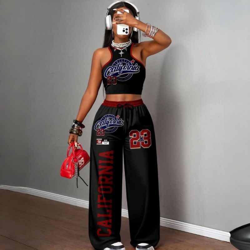 Women's Two-Piece Outfits Streetwear Crop Top & Wide Leg Pants Set New European Style Y2K Hip Hop Graphic Tank Top Casual Jogger Sweatsuit Multiple Colors