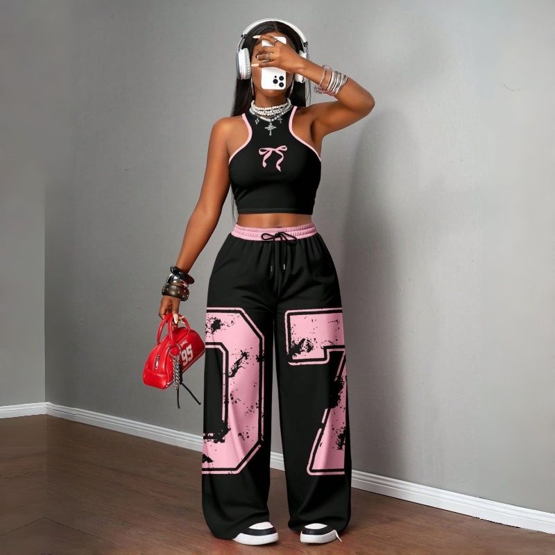 Women's Two-Piece Outfits Streetwear Crop Top & Wide Leg Pants Set New European Style Y2K Hip Hop Graphic Tank Top Casual Jogger Sweatsuit Multiple Colors