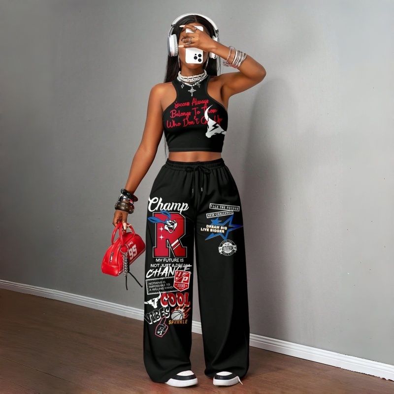 Women's Two-Piece Outfits Streetwear Crop Top & Wide Leg Pants Set New European Style Y2K Hip Hop Graphic Tank Top Casual Jogger Sweatsuit Multiple Colors
