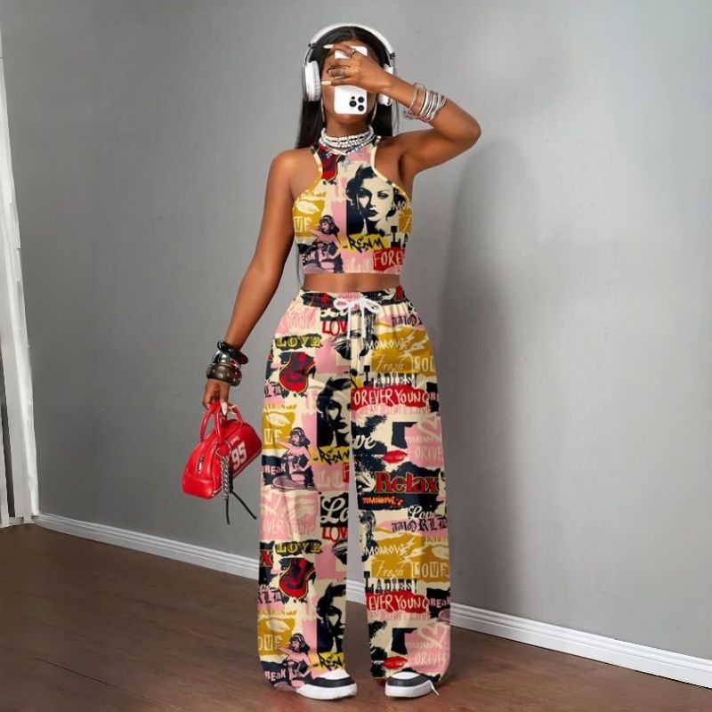 Women's Two-Piece Outfits Streetwear Crop Top & Wide Leg Pants Set New European Style Y2K Hip Hop Graphic Tank Top Casual Jogger Sweatsuit Multiple Colors