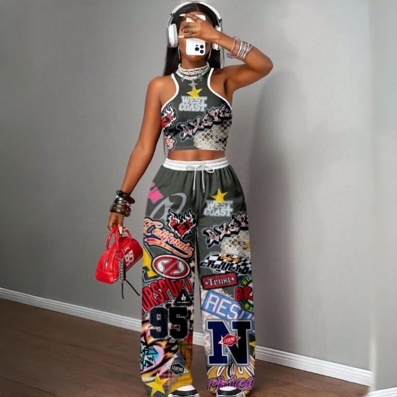 Women's Two-Piece Outfits Streetwear Crop Top & Wide Leg Pants Set New European Style Y2K Hip Hop Graphic Tank Top Casual Jogger Sweatsuit Multiple Colors
