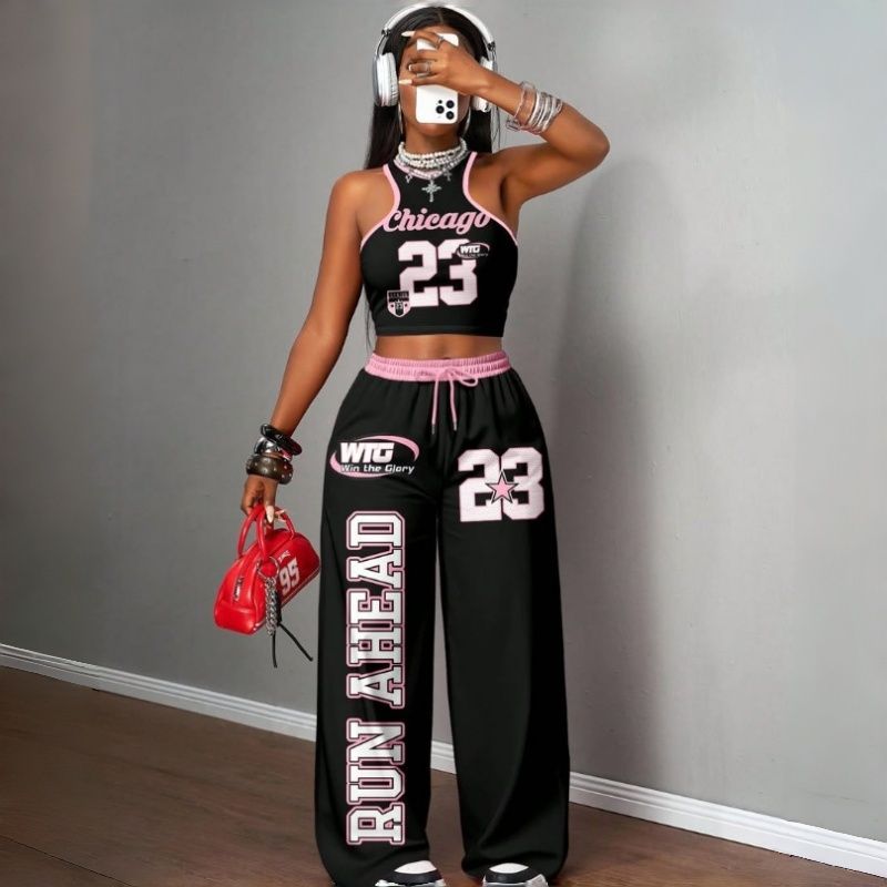 Women's Two-Piece Outfits Streetwear Crop Top & Wide Leg Pants Set New European Style Y2K Hip Hop Graphic Tank Top Casual Jogger Sweatsuit Multiple Colors