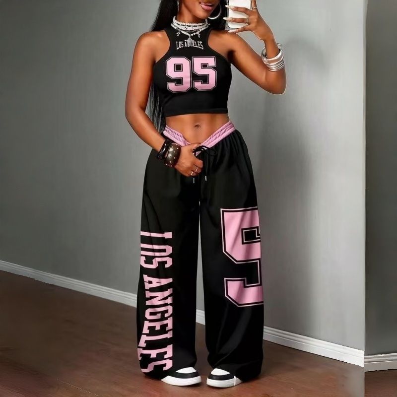 Women's Two-Piece Outfits Streetwear Crop Top & Wide Leg Pants Set New European Style Y2K Hip Hop Graphic Tank Top Casual Jogger Sweatsuit Multiple Colors