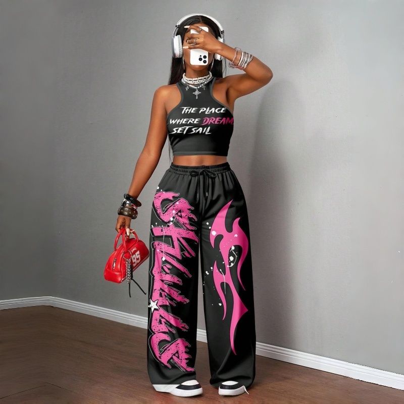 Women's Two-Piece Outfits Streetwear Crop Top & Wide Leg Pants Set New European Style Y2K Hip Hop Graphic Tank Top Casual Jogger Sweatsuit Multiple Colors