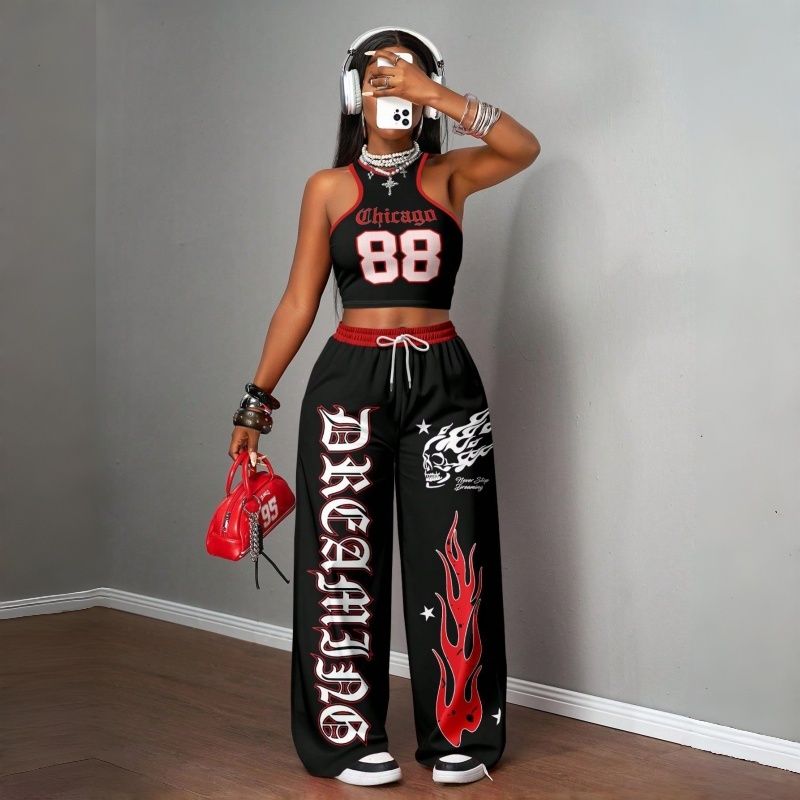 Women's Two-Piece Outfits Streetwear Crop Top & Wide Leg Pants Set New European Style Y2K Hip Hop Graphic Tank Top Casual Jogger Sweatsuit Multiple Colors