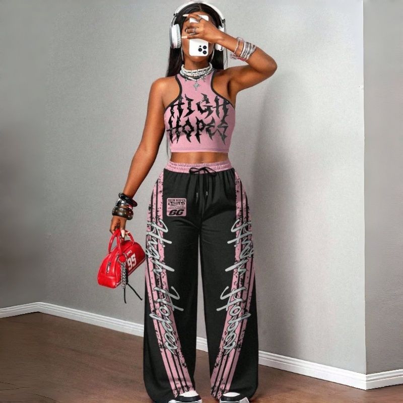Women's Two-Piece Outfits Streetwear Crop Top & Wide Leg Pants Set New European Style Y2K Hip Hop Graphic Tank Top Casual Jogger Sweatsuit Multiple Colors
