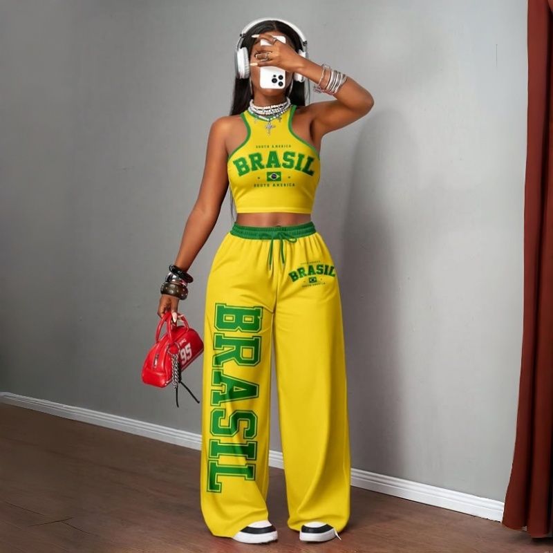Women's Two-Piece Outfits Streetwear Crop Top & Wide Leg Pants Set New European Style Y2K Hip Hop Graphic Tank Top Casual Jogger Sweatsuit Multiple Colors
